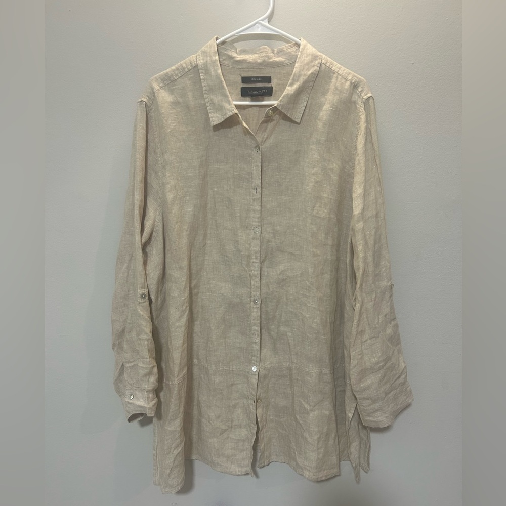 Tahari Cream Linen Button-Down Tunic Blouse